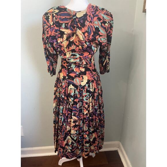 Vintage 90's Starina Creation Paris Floral V-Neck Midi Dress Boho Size Medium - Picture 7 of 9